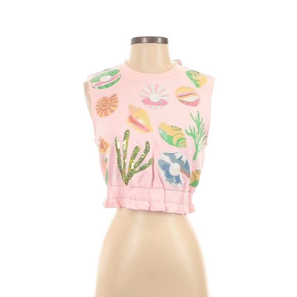 NWT Queen Of Sparkles Pink Beach Seashells Sweatshirt Top Sleeveless XS - Picture 1 of 4